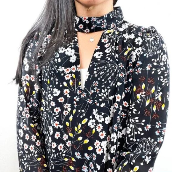 Parker Mini Dress with Flare Sleeves & Floral Neck Collar Black Size S - Picture 3 of 11